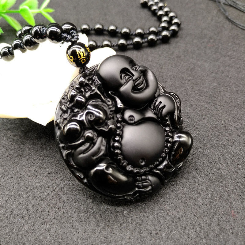 Collier pendentif en verre d'obsidienne noire, motif Bouddha rieur , Buddha Stones. - image 3