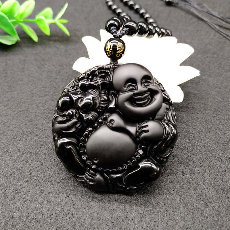 Collier pendentif en verre d'obsidienne noire, motif Bouddha rieur , Buddha Stones. - Obsidienne noire - image 0