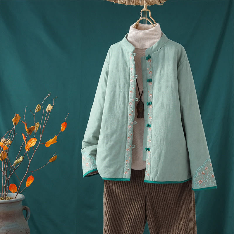 Veste thermique femme en coton à manches longues, ornée de broderies de fleurs et de vignes, avec boutons grenouille et Buddha Stones. - Turquoise pâle - US8-10，UK/AU12-14，EU40-42 (2XL) - image 0
