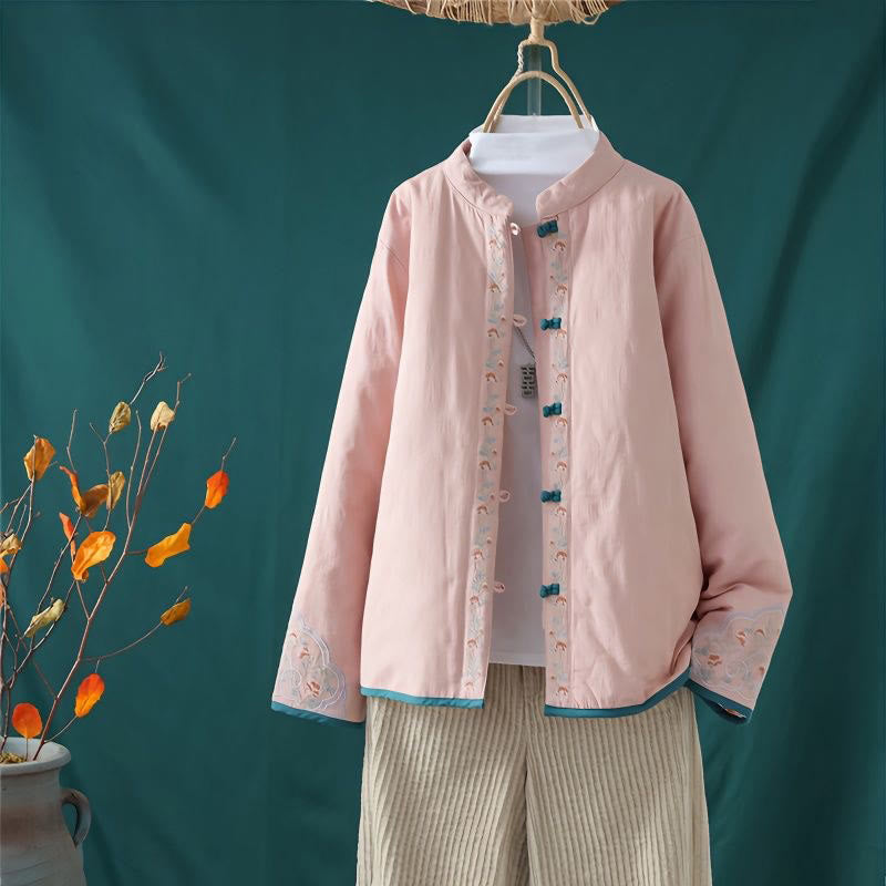 Veste thermique femme en coton à manches longues, ornée de broderies de fleurs et de vignes, avec boutons grenouille et Buddha Stones. - MistyRose - US8-10，UK/AU12-14，EU40-42 (2XL) - image 2