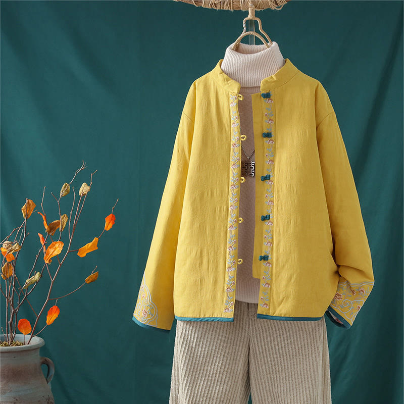 Veste thermique femme en coton à manches longues, ornée de broderies de fleurs et de vignes, avec boutons grenouille et Buddha Stones. - Jaune - US8-10，UK/AU12-14，EU40-42 (2XL) - image 1