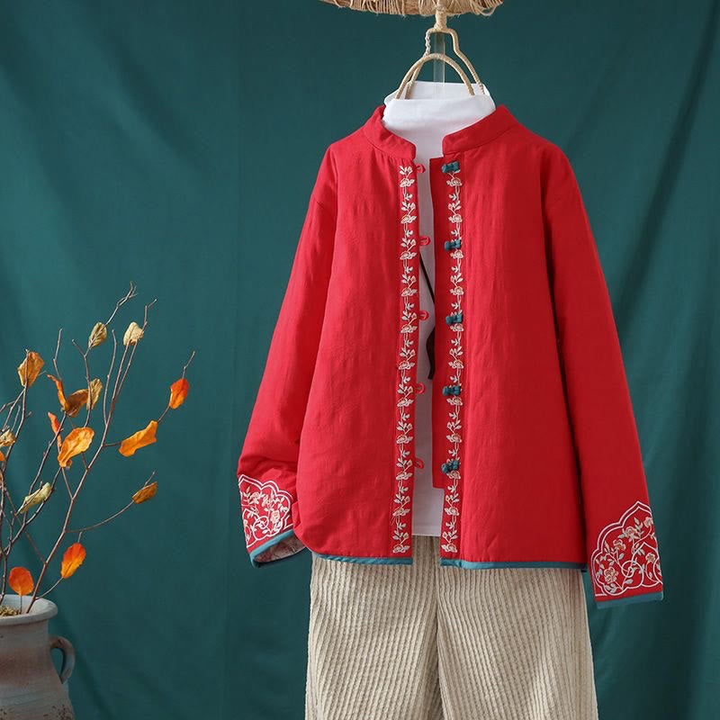 Veste thermique femme en coton à manches longues, ornée de broderies de fleurs et de vignes, avec boutons grenouille et Buddha Stones. - Rouge - US8-10，UK/AU12-14，EU40-42 (2XL) - image 18