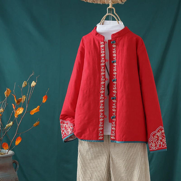 Veste thermique femme en coton à manches longues, ornée de broderies de fleurs et de vignes, avec boutons grenouille et Buddha Stones. - Rouge - US8-10，UK/AU12-14，EU40-42 (2XL) - image 18