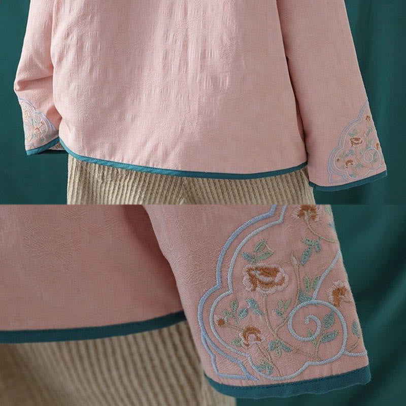 Veste thermique femme en coton à manches longues, ornée de broderies de fleurs et de vignes, avec boutons grenouille et Buddha Stones. - image 11