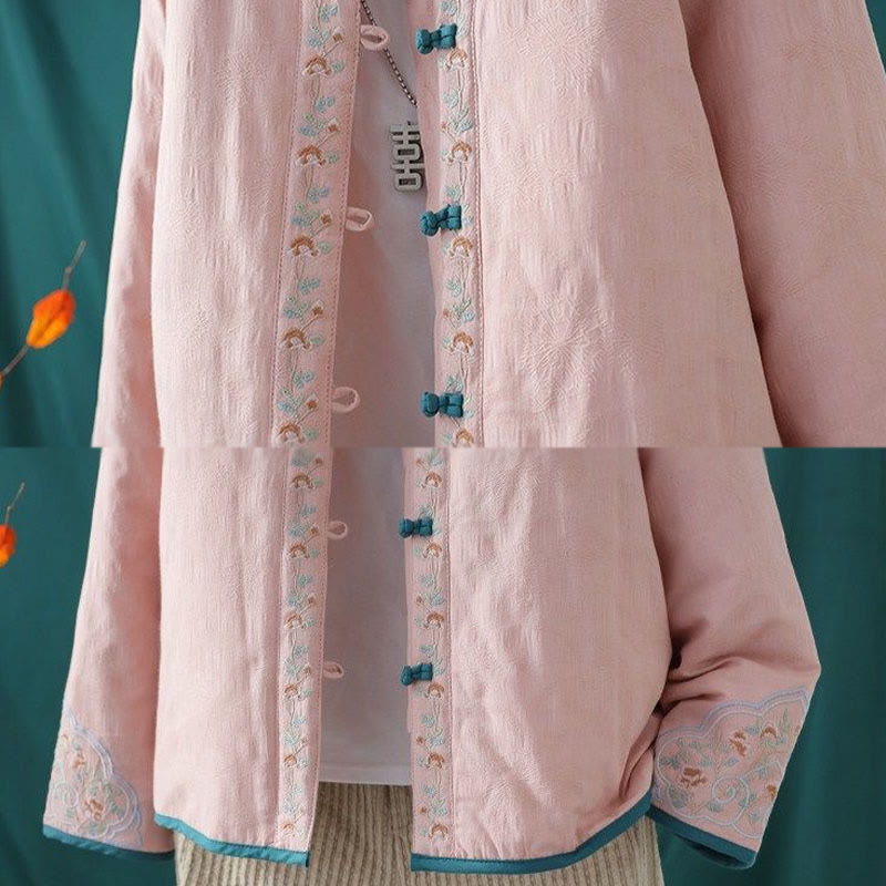 Veste thermique femme en coton à manches longues, ornée de broderies de fleurs et de vignes, avec boutons grenouille et Buddha Stones. - image 12