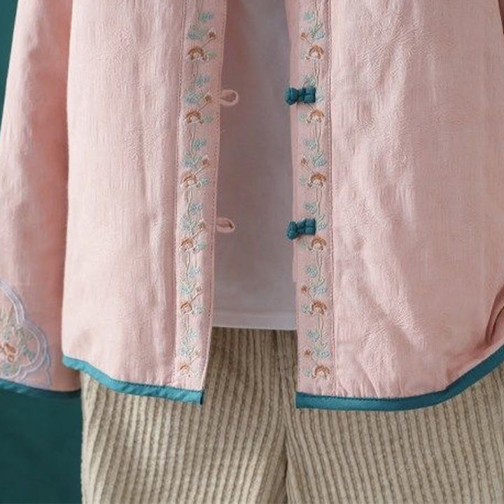 Veste thermique femme en coton à manches longues, ornée de broderies de fleurs et de vignes, avec boutons grenouille et Buddha Stones. - image 8