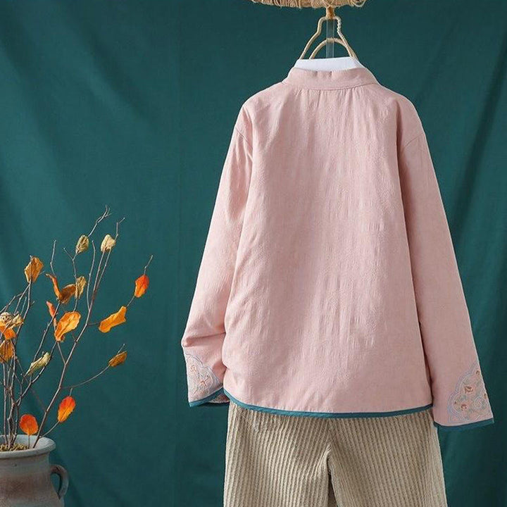 Veste thermique femme en coton à manches longues, ornée de broderies de fleurs et de vignes, avec boutons grenouille et Buddha Stones. - image 3