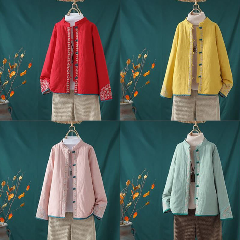Veste thermique femme en coton à manches longues, ornée de broderies de fleurs et de vignes, avec boutons grenouille et Buddha Stones. - image 19