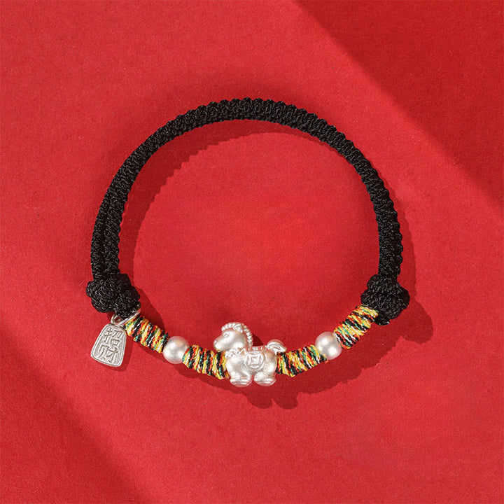 Bracelet en argent sterling 999 Buddha Stones , année du Cheval, symbole de liberté, fait main. - Cordon noir (Tour de poignet : 14-21 cm) - image 16