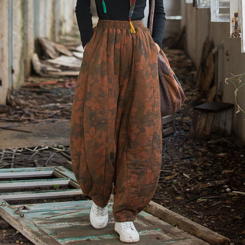 Pantalon pour femme en coton épais à motif floral et Buddha Stones, avec poches - Chocolat  - US4-6，UK/AU8-10，EU36-38 (F) - image 0