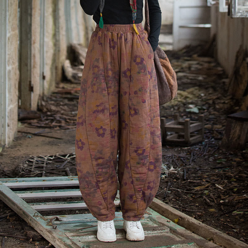 Pantalon pour femme en coton épais à motif floral et Buddha Stones, avec poches - Violette sombre - US4-6，UK/AU8-10，EU36-38 (F) - image 9