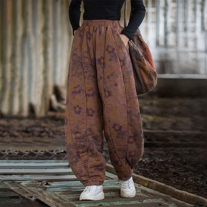 Pantalon pour femme en coton épais à motif floral et Buddha Stones, avec poches - image 10