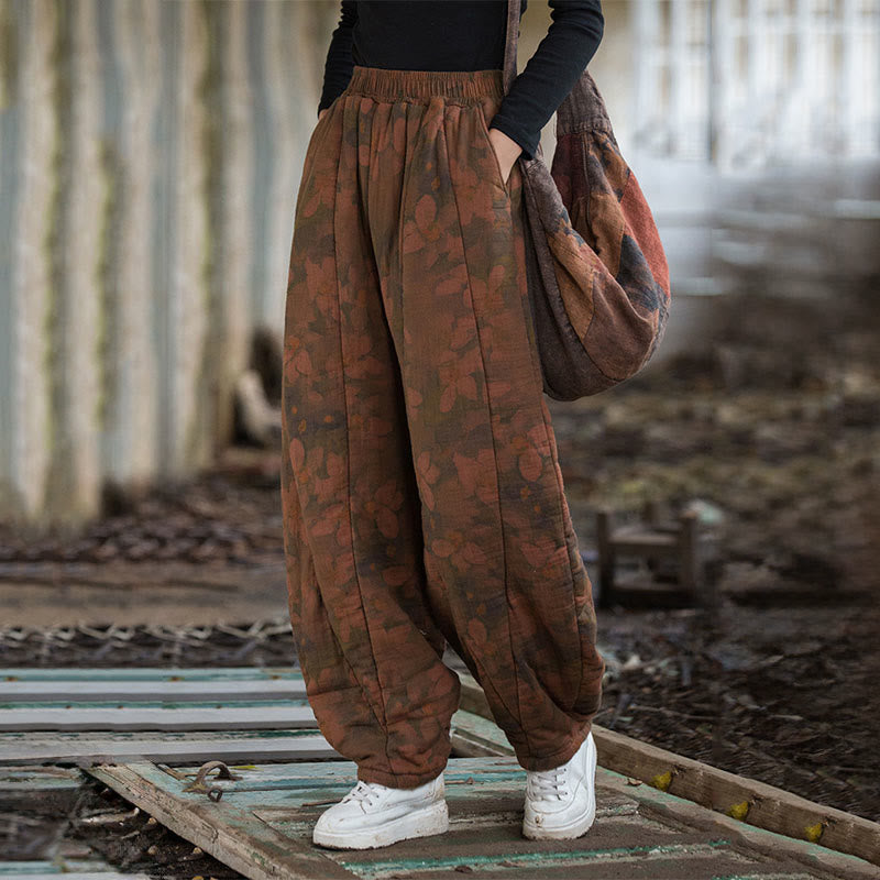Pantalon pour femme en coton épais à motif floral et Buddha Stones, avec poches - image 2