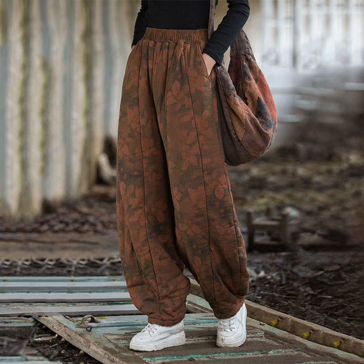 Pantalon pour femme en coton épais à motif floral et Buddha Stones, avec poches - image 2