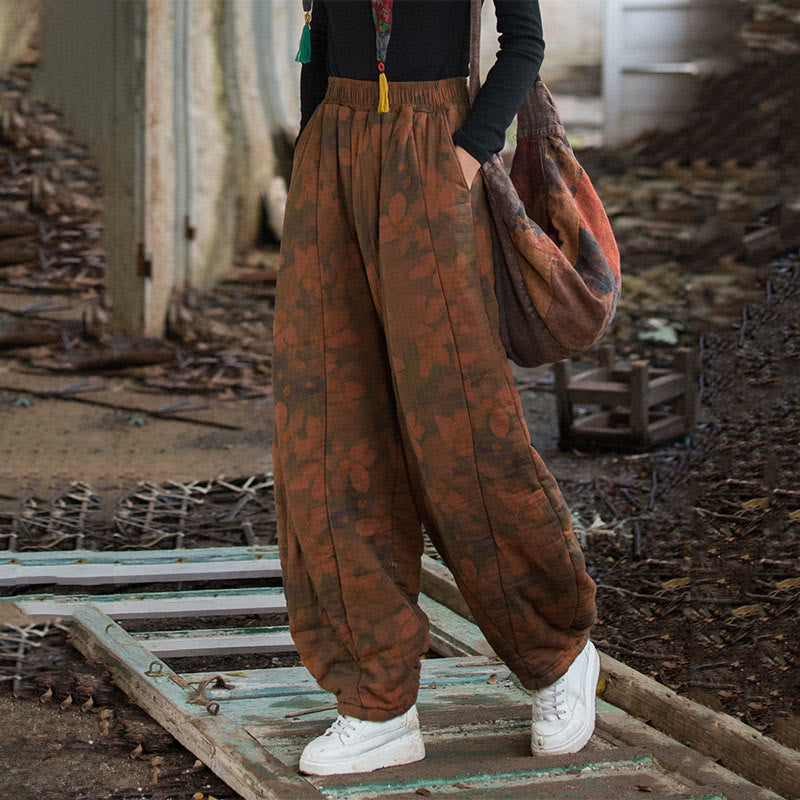 Pantalon pour femme en coton épais à motif floral et Buddha Stones, avec poches - image 8