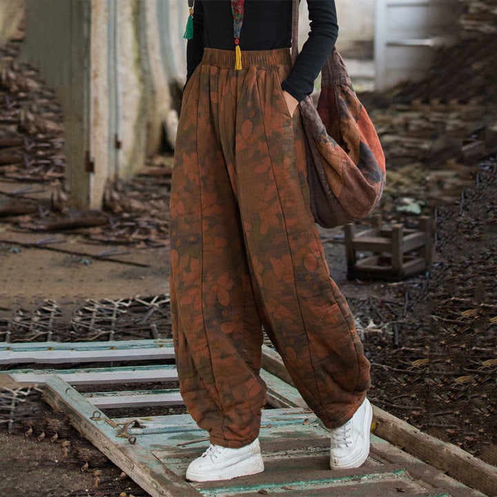 Pantalon pour femme en coton épais à motif floral et Buddha Stones, avec poches - image 8