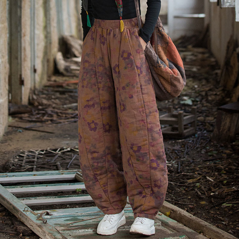 Pantalon pour femme en coton épais à motif floral et Buddha Stones, avec poches - image 13