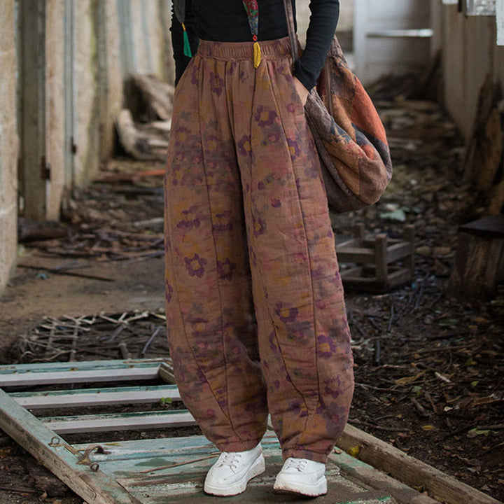 Pantalon pour femme en coton épais à motif floral et Buddha Stones, avec poches - image 13