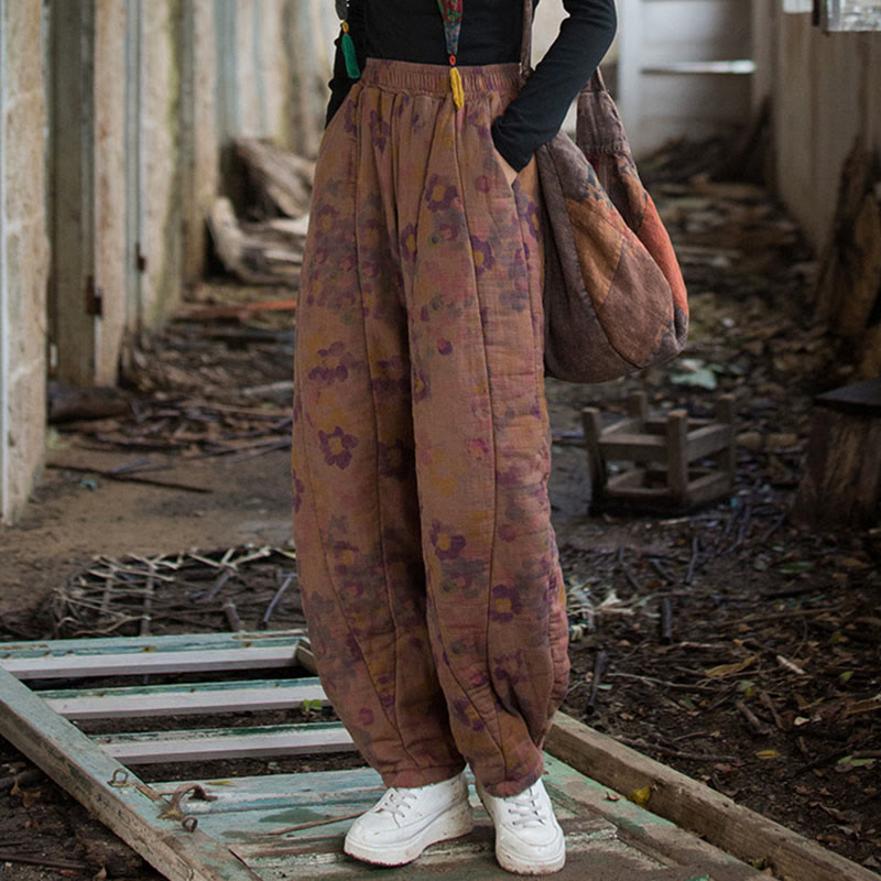 Pantalon pour femme en coton épais à motif floral et Buddha Stones, avec poches - image 12