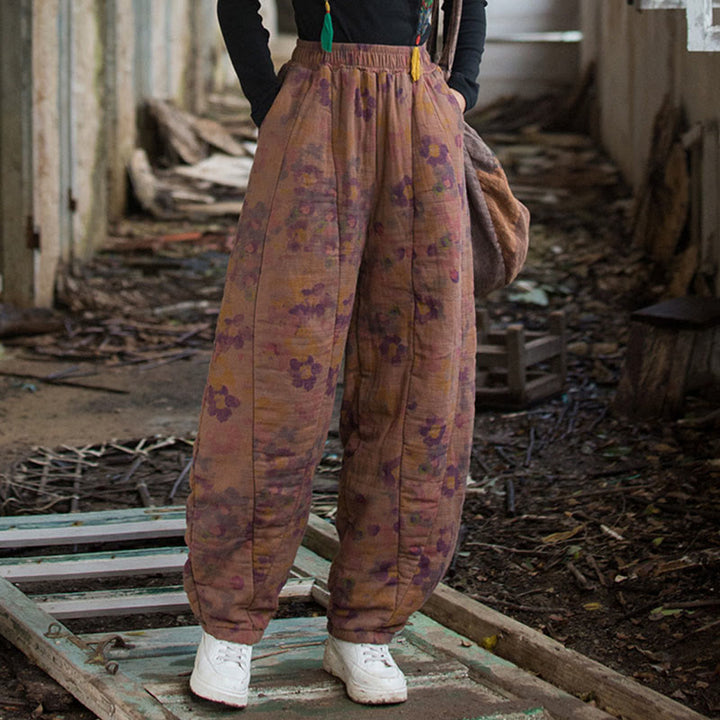 Pantalon pour femme en coton épais à motif floral et Buddha Stones, avec poches - image 11