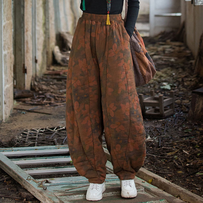 Pantalon pour femme en coton épais à motif floral et Buddha Stones, avec poches - image 4