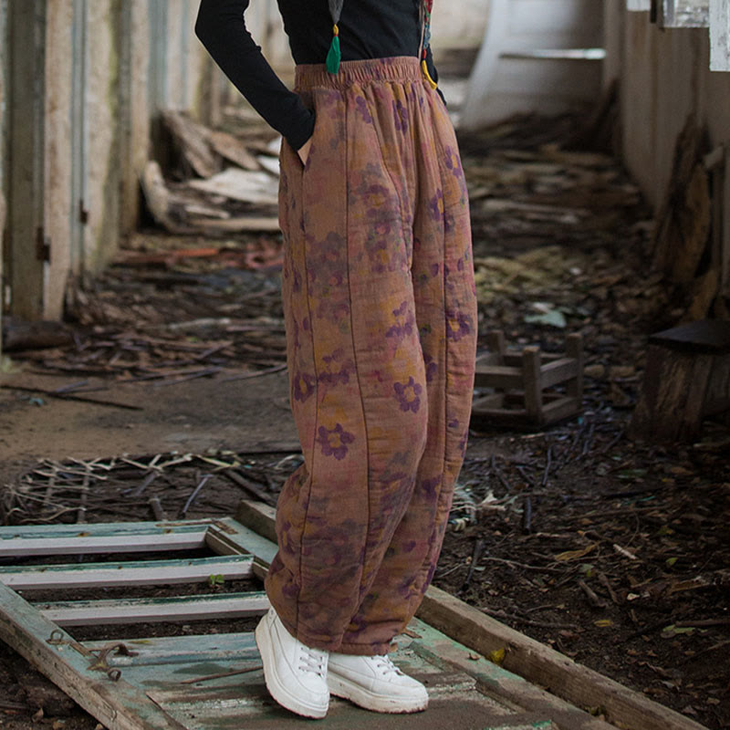 Pantalon pour femme en coton épais à motif floral et Buddha Stones, avec poches - image 14