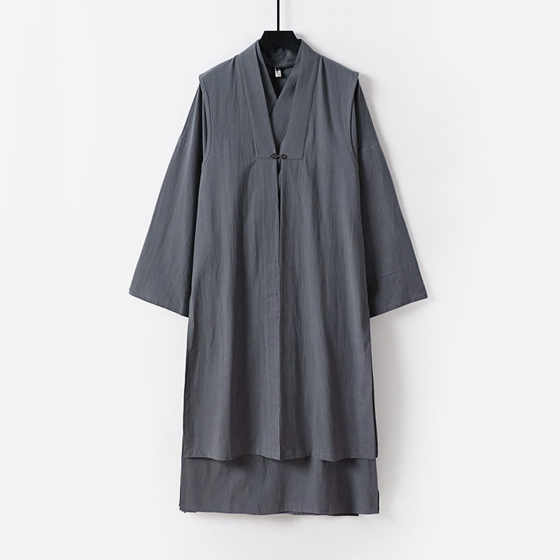 Buddha Stones Ensemble kimono taoïste pour homme, 2 pièces, manches longues, couleur unie Wudang, sans manches, avec lacets. - Gris foncé - US/UK/AU54，EU64 (9XL) - image 0