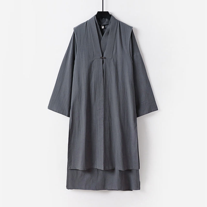 Buddha Stones Ensemble kimono taoïste pour homme, 2 pièces, manches longues, couleur unie Wudang, sans manches, avec lacets. - Gris foncé - US/UK/AU54，EU64 (9XL) - image 0
