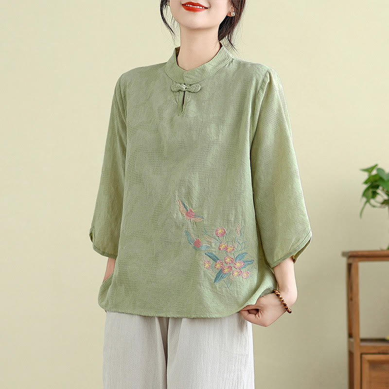Chemise femme en coton, brodée de fleurs et de Buddha Stones, manches trois-quarts, col mandarin à un bouton. - Vert pâle - US12，UK/AU16，EU44 (3XL) - image 0