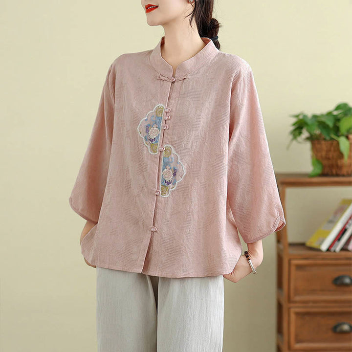 Chemise femme en coton à manches trois-quarts, broderie jacquard de fleurs et Buddha Stones - Rose clair - US12，UK/AU16，EU44 (3XL) - image 15