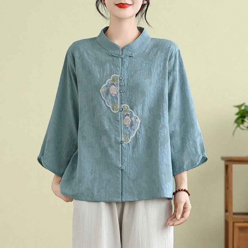 Chemise femme en coton à manches trois-quarts, broderie jacquard de fleurs et Buddha Stones - Bleu clair - US12，UK/AU16，EU44 (3XL) - image 9