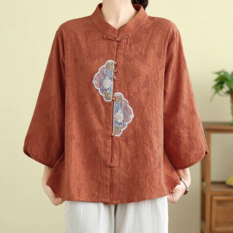 Chemise femme en coton à manches trois-quarts, broderie jacquard de fleurs et Buddha Stones - image 1