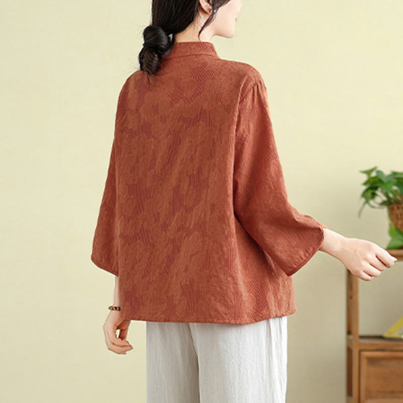 Chemise femme en coton à manches trois-quarts, broderie jacquard de fleurs et Buddha Stones - image 2