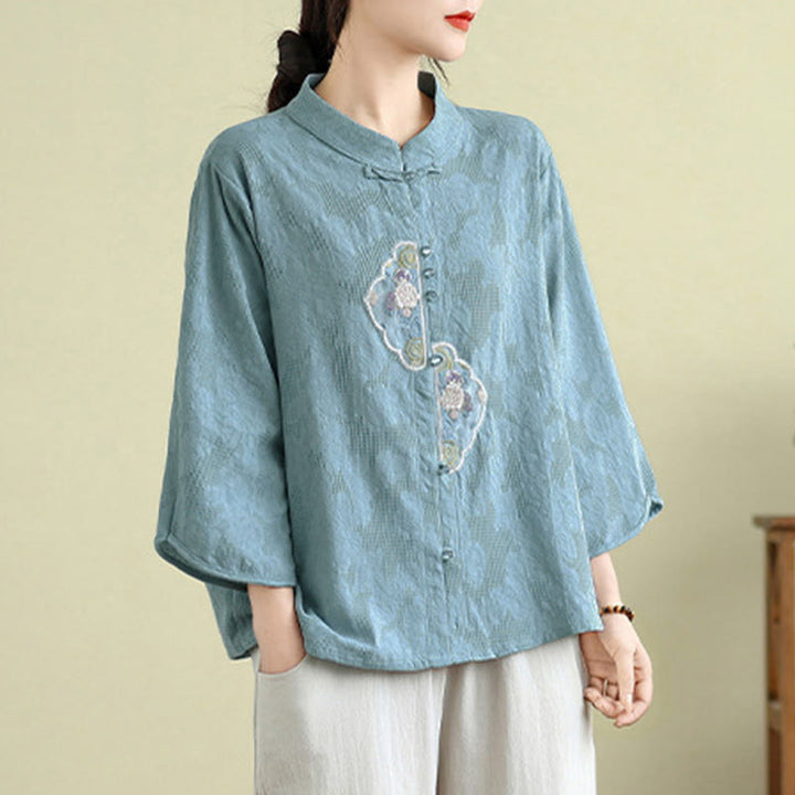Chemise femme en coton à manches trois-quarts, broderie jacquard de fleurs et Buddha Stones - image 10