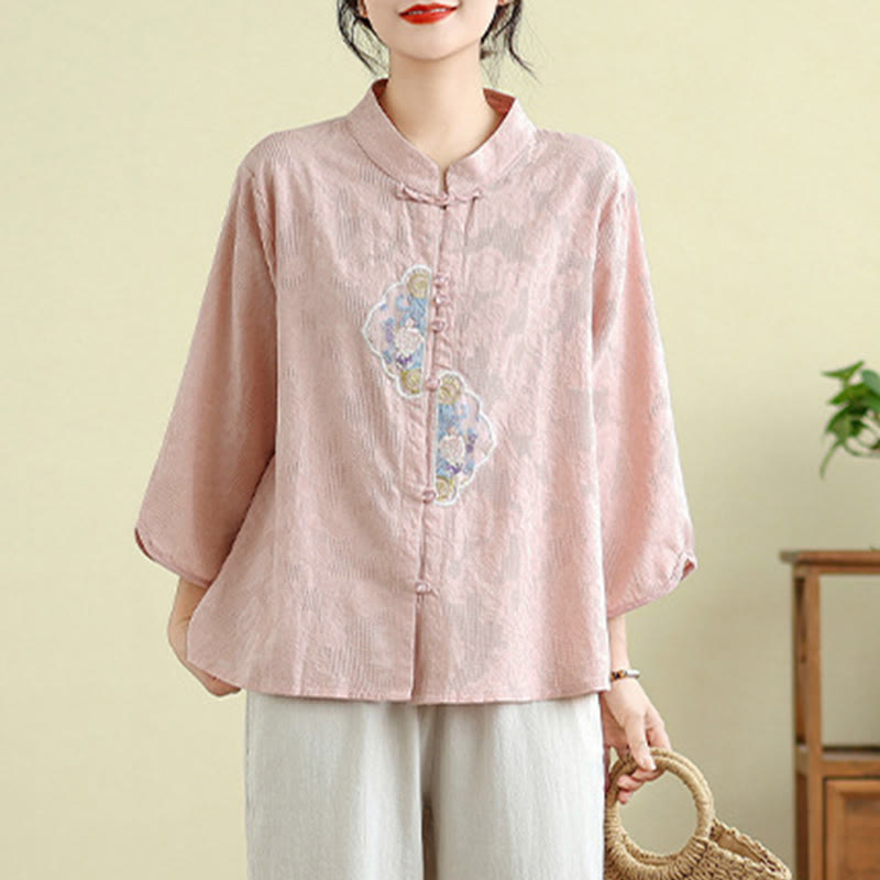 Chemise femme en coton à manches trois-quarts, broderie jacquard de fleurs et Buddha Stones - image 16