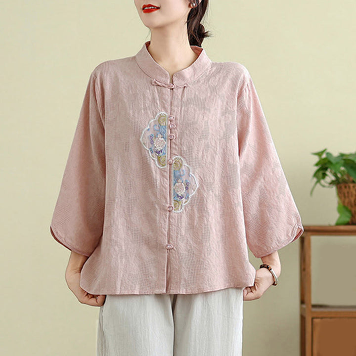 Chemise femme en coton à manches trois-quarts, broderie jacquard de fleurs et Buddha Stones - image 19