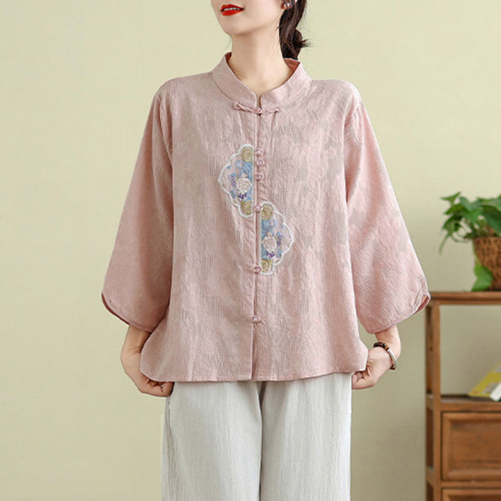 Chemise femme en coton à manches trois-quarts, broderie jacquard de fleurs et Buddha Stones - image 17