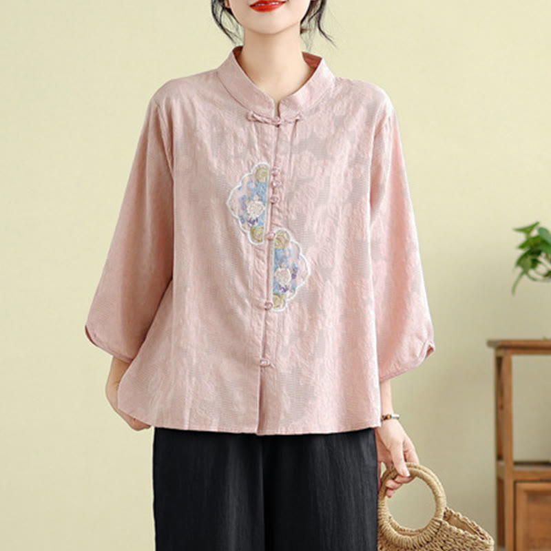 Chemise femme en coton à manches trois-quarts, broderie jacquard de fleurs et Buddha Stones - image 20