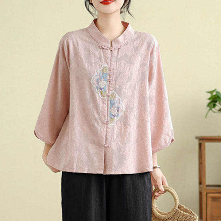 Chemise femme en coton à manches trois-quarts, broderie jacquard de fleurs et Buddha Stones - image 20