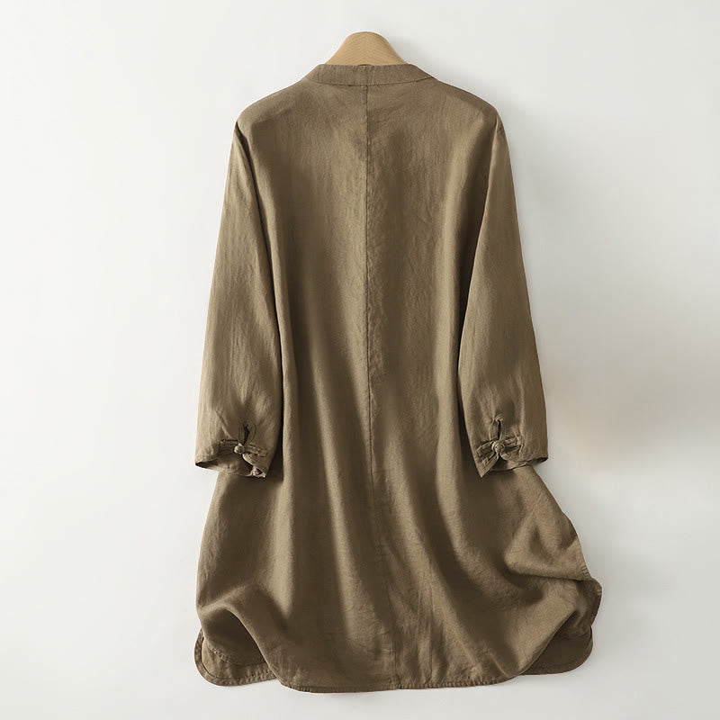 Chemise mi-longue en coton pour femme, Buddha Stones, couleur unie automne, col montant à boutons brandebourg, manches trois-quarts. - image 2