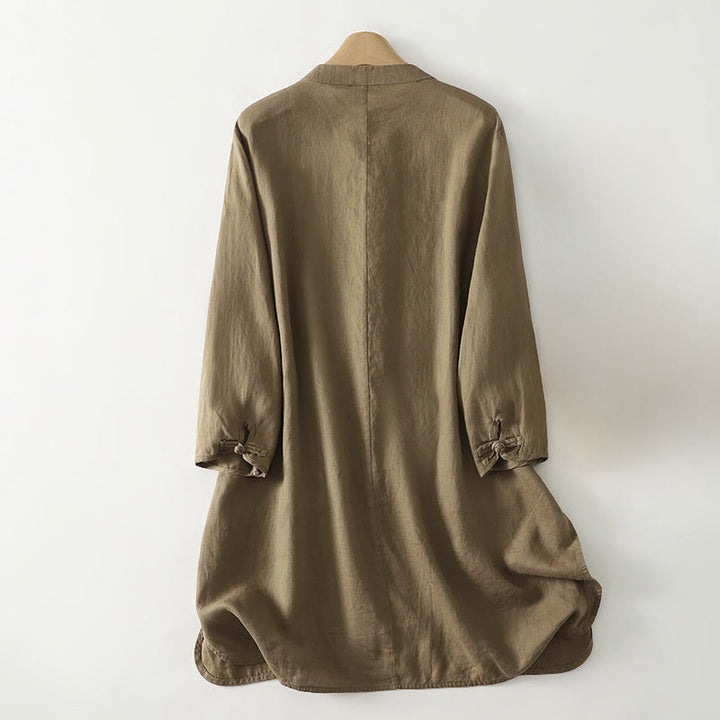 Chemise mi-longue en coton pour femme, Buddha Stones, couleur unie automne, col montant à boutons brandebourg, manches trois-quarts. - image 2