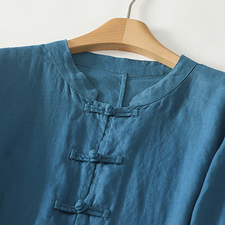 Chemise mi-longue en coton pour femme, Buddha Stones, couleur unie automne, col montant à boutons brandebourg, manches trois-quarts. - image 9