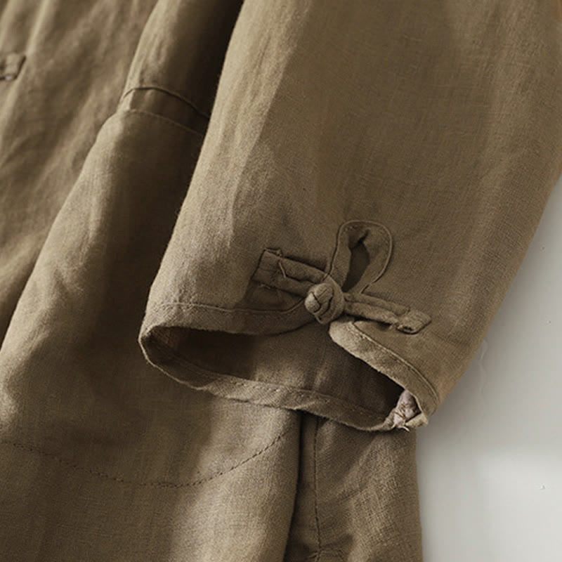 Chemise mi-longue en coton pour femme, Buddha Stones, couleur unie automne, col montant à boutons brandebourg, manches trois-quarts. - image 6