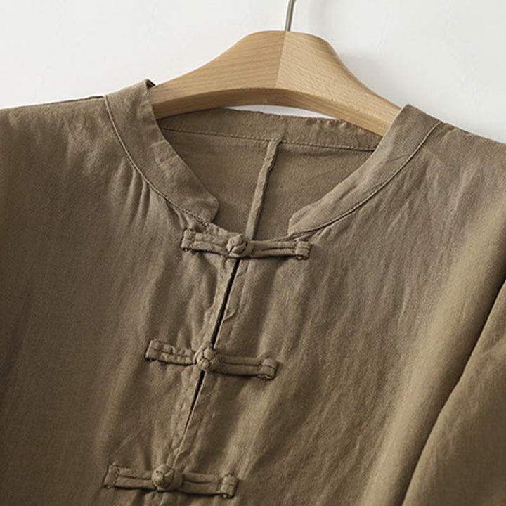 Chemise mi-longue en coton pour femme, Buddha Stones, couleur unie automne, col montant à boutons brandebourg, manches trois-quarts. - image 3