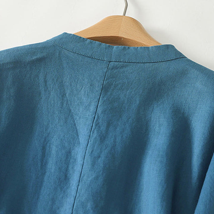 Chemise mi-longue en coton pour femme, Buddha Stones, couleur unie automne, col montant à boutons brandebourg, manches trois-quarts. - image 10