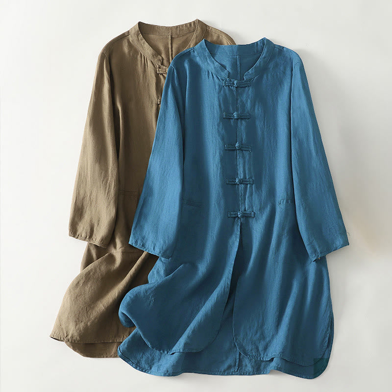 Chemise mi-longue en coton pour femme, Buddha Stones, couleur unie automne, col montant à boutons brandebourg, manches trois-quarts. - image 0