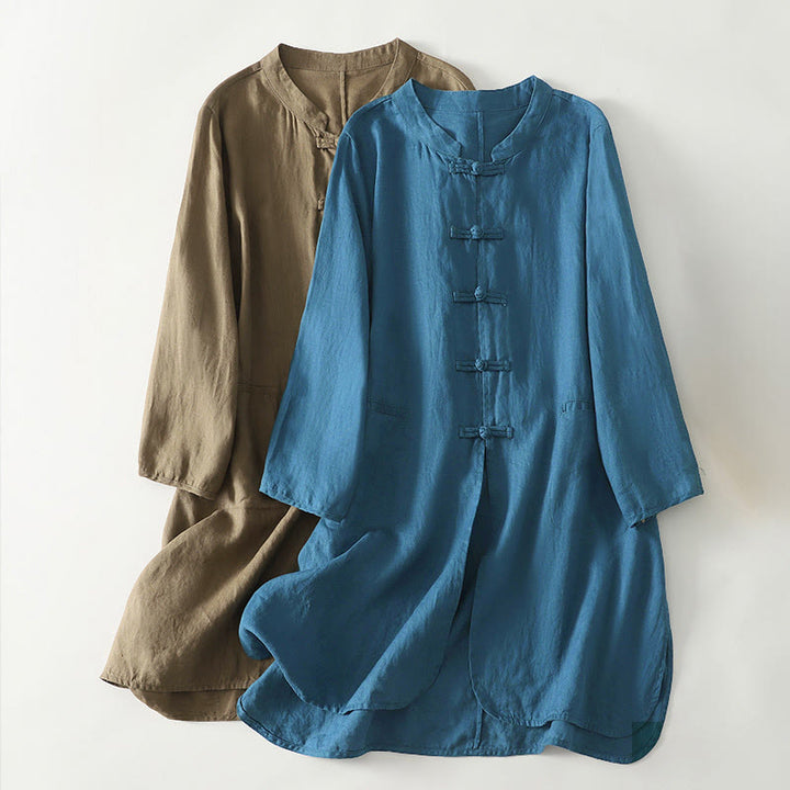 Chemise mi-longue en coton pour femme, Buddha Stones, couleur unie automne, col montant à boutons brandebourg, manches trois-quarts. - image 0