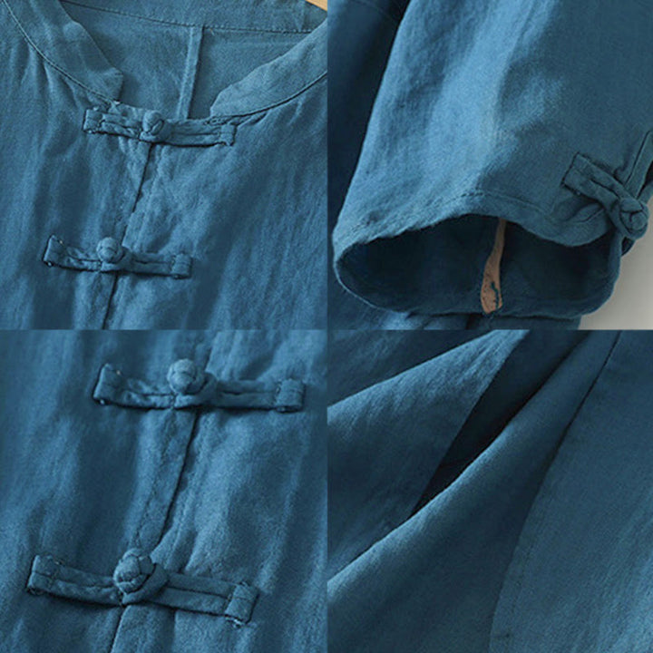 Chemise mi-longue en coton pour femme, Buddha Stones, couleur unie automne, col montant à boutons brandebourg, manches trois-quarts. - image 17