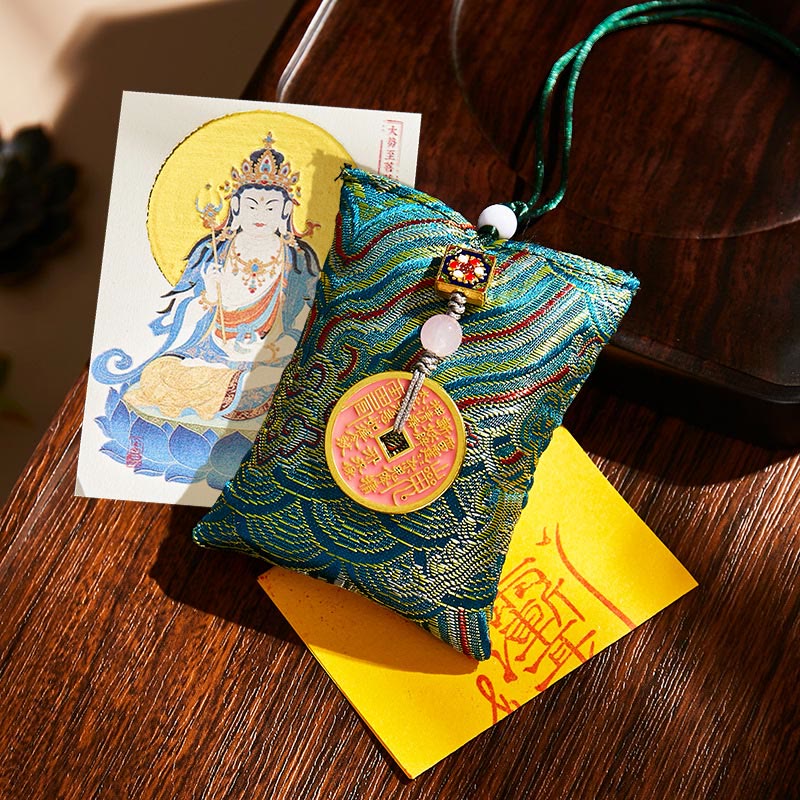 Buddha Stones, Zodiaque chinois, Bouddha natal, Pièces de cuivre, Sachet de bénédiction, Décoration suspendue - Tissu vert foncé - Bodhisattva Cheval-Mahasattva - image 20