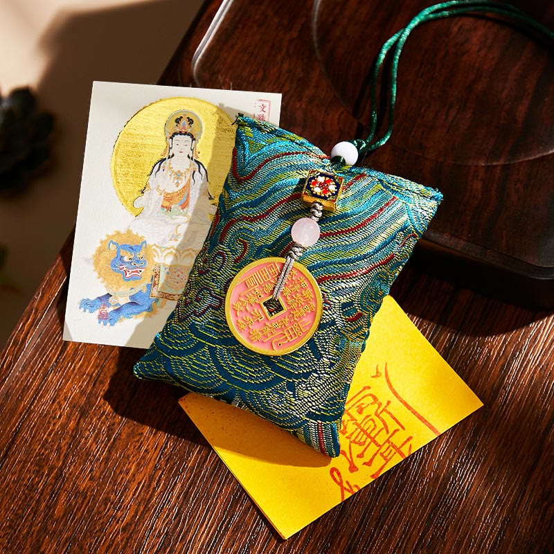 Buddha Stones, Zodiaque chinois, Bouddha natal, Pièces de cuivre, Sachet de bénédiction, Décoration suspendue - Tissu vert foncé - Bodhisattva Lapin-Manjushri - image 16